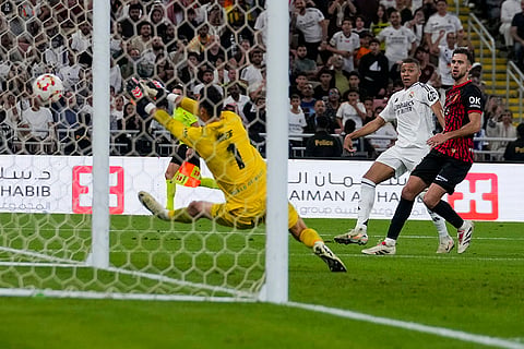 Spanish Super Cup: Mallorca's goalkeeper Dominik Greif saves Kylian Mbappe's shot