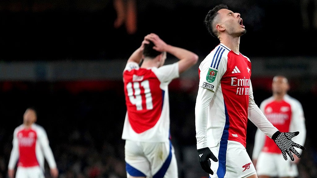 AP : Arsenal's Gabriel Martinelli, second right, reacts during the EFL Cup semi-final against Newcastle United.