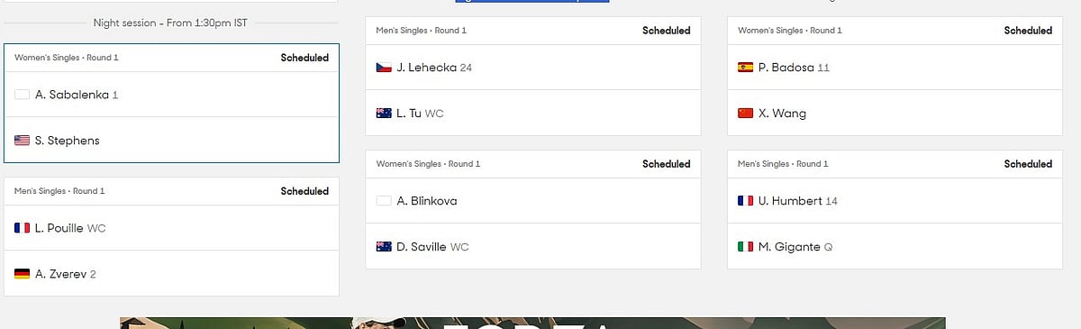 Night session includes Aryna Sabalenka in action against Sloane Stephens.