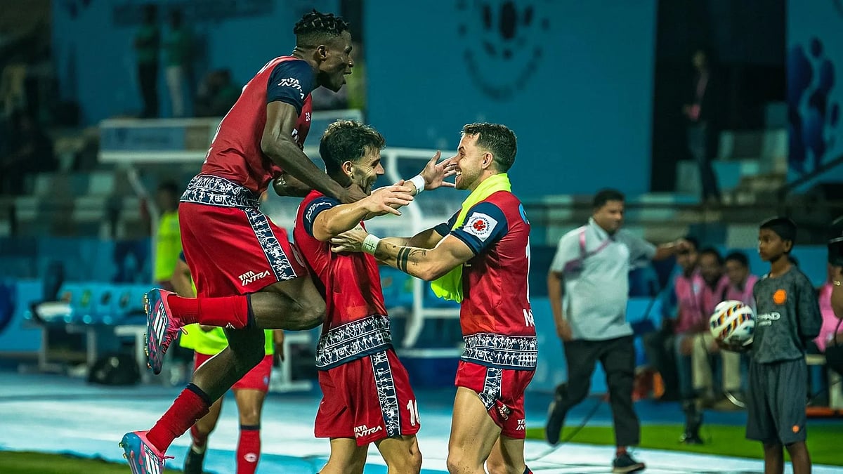 ISL : Jamshedpur FC celebrate a goal against Mumbai City FC in the Indian Super League.