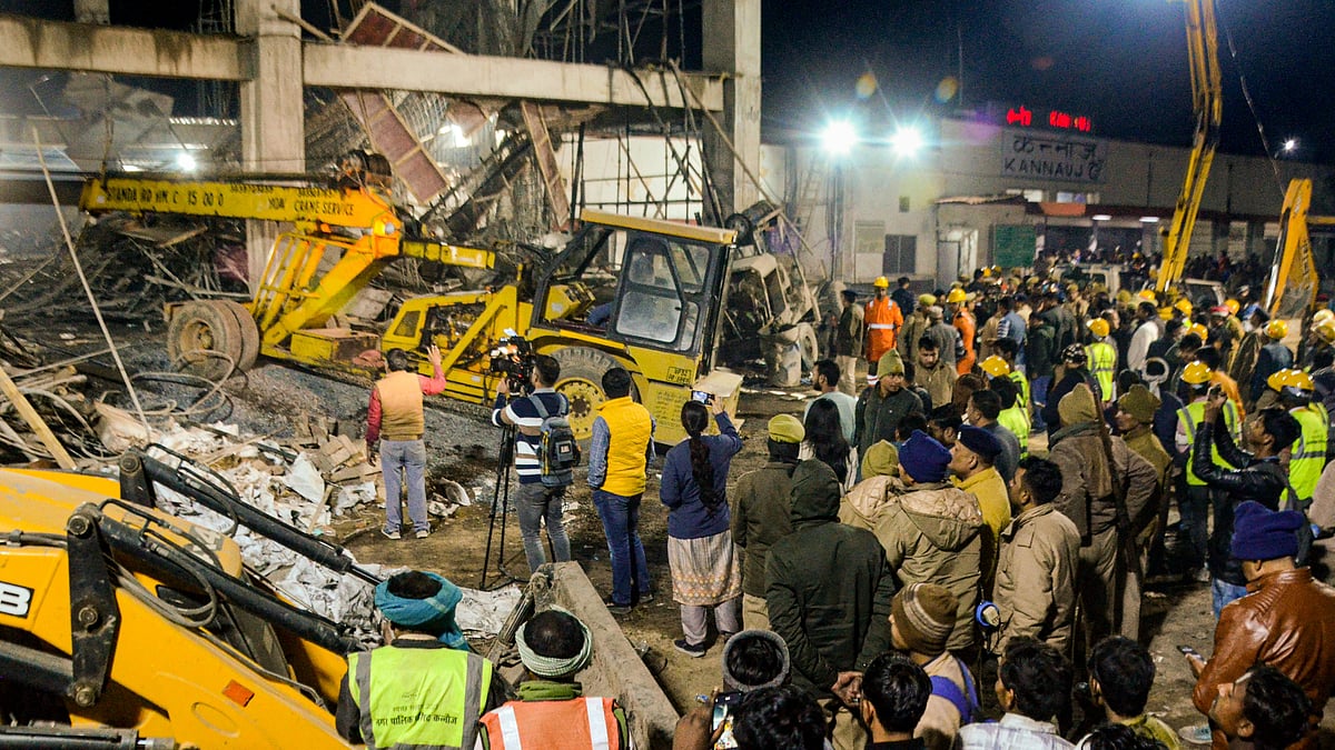 PTI : Rescue operation underway after an under-construction building collapsed at the Kannauj railway station, trapping around two dozen workers under the rubble, in Kannauj, Saturday afternoon, Jan. 11, 2025. 