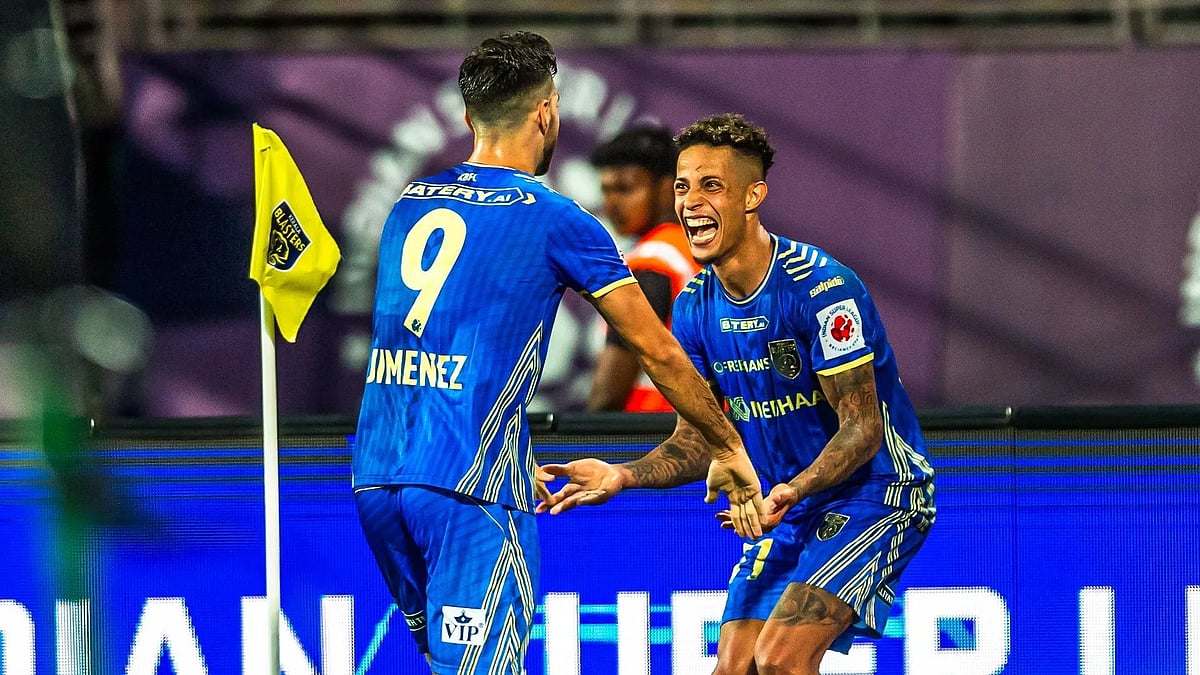 Photo: ISL : Jesus Jimenez and Noah Sadaoui celebrate a goal for Kerala Blasters against Odisha FC in the Indian Super League.