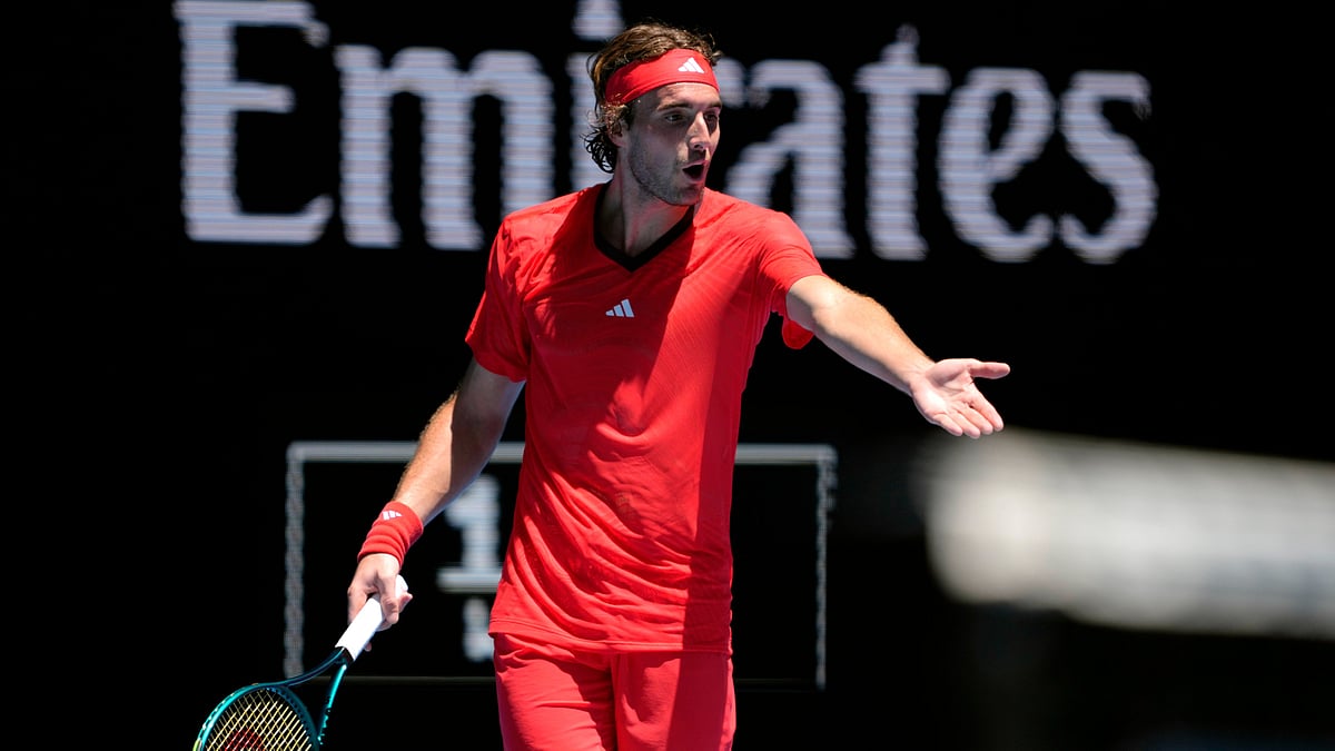 Ng Han Guan/AP : Stefanos Tsitsipas of Greece reacts during his first round match against Alex Michelsen