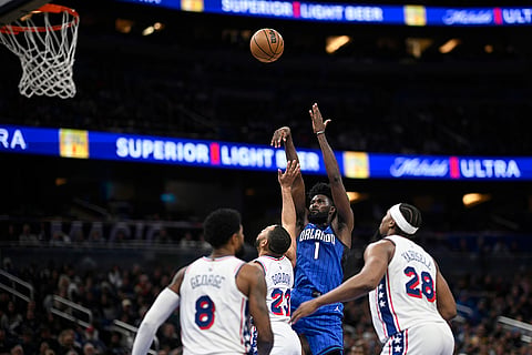 NBA 2024-25: Magic forward Jonathan Isaac (1) shoots against 76ers