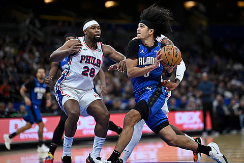NBA 2024-25: Magic guard Anthony Black (0) drives to the basket