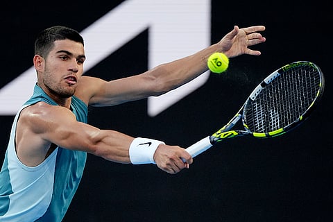 Australian Open 2025: Carlos Alcaraz plays a backhand return to Alexander Shevchenko 