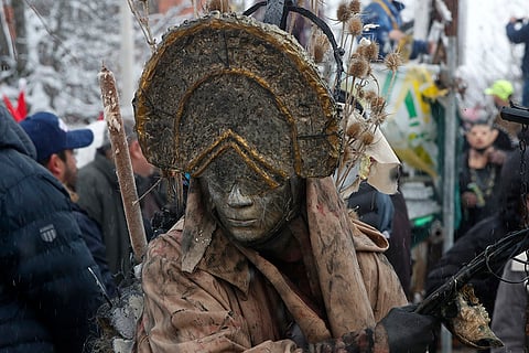 Costumed reveler attends Vevcani carnival parade