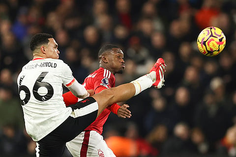 EPL 2024-25: Liverpool's Trent Alexander-Arnold duels for the ball with Nottingham Forest's Callum Hudson-Odoi 