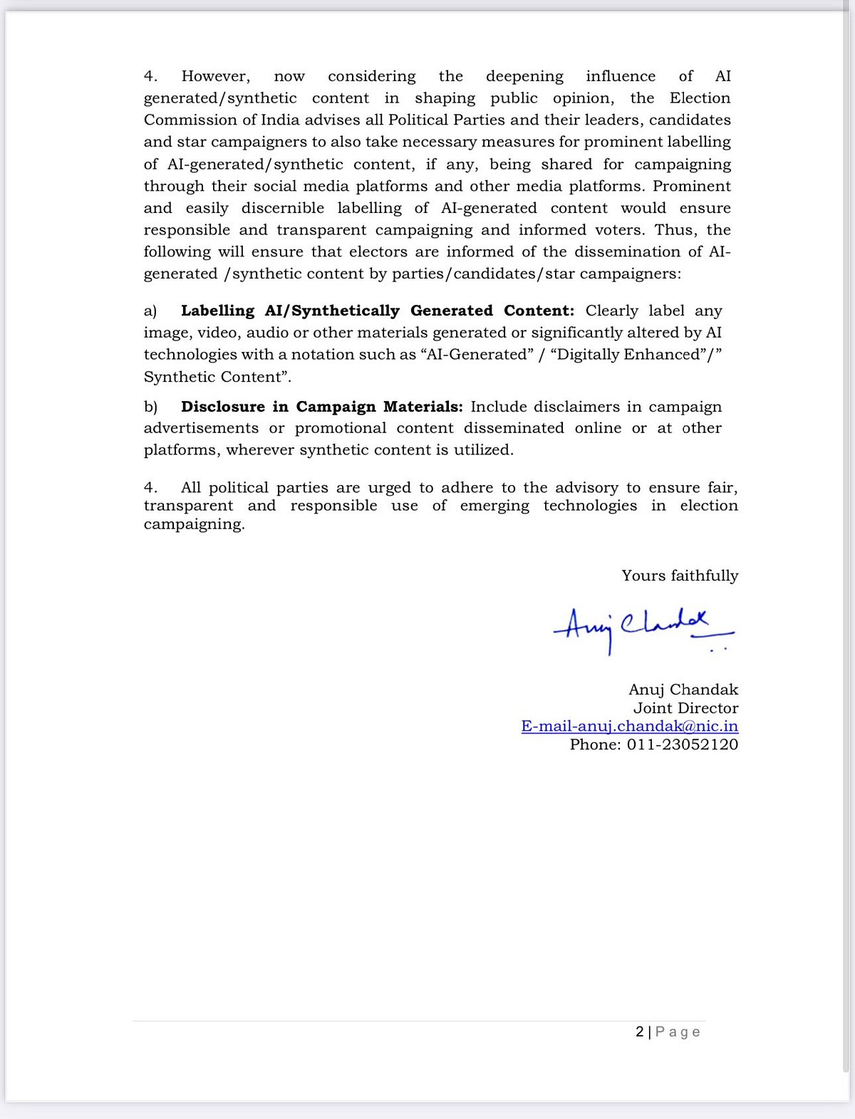 EC advisory on  use of AI in campaigns