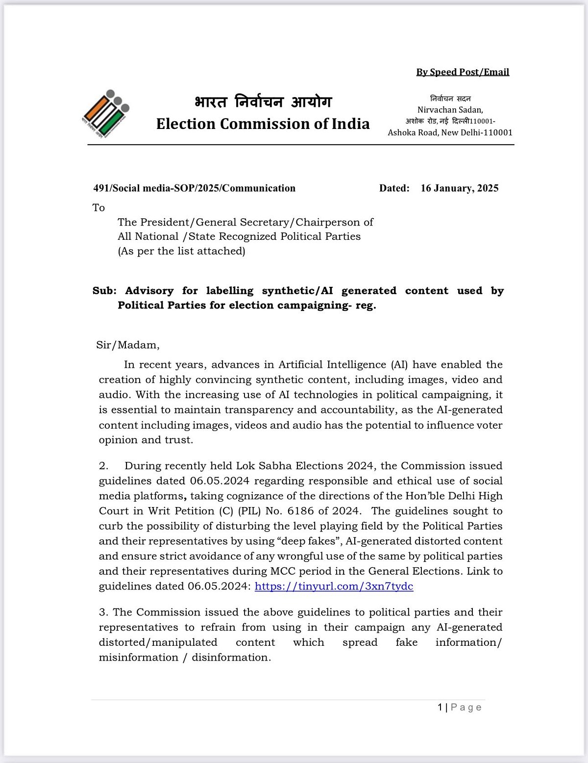 EC advisory on  use of AI in campaigns
