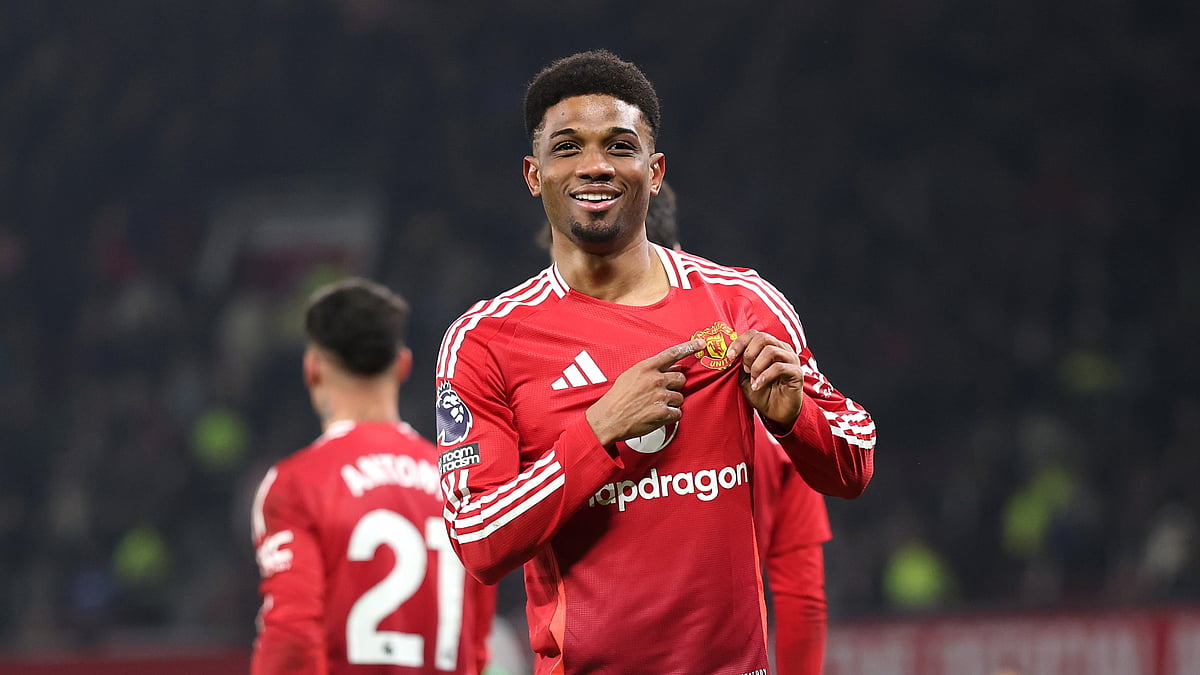Amad Diallo celebrates his third strike at Old Trafford - null
