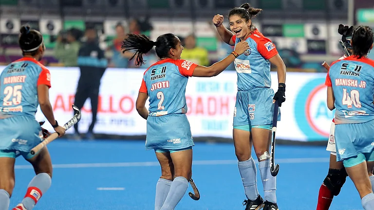 Delhi SG Pipers celebrate a goal against Soorma Hockey Club in the Women's Hockey India League. - Hockey India