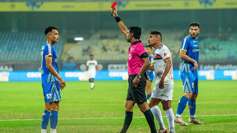 Aibanbha Dohling (left) is shown the red card