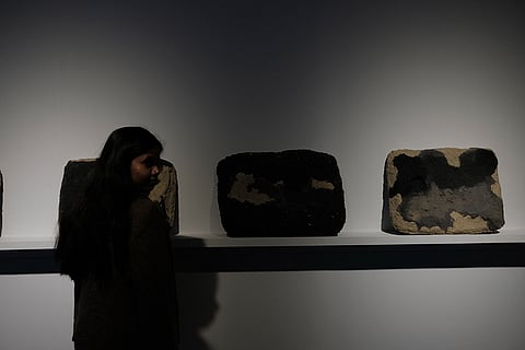 A viewer infront of Shambhavi Singh's Bhurukuwaa Series (2019)