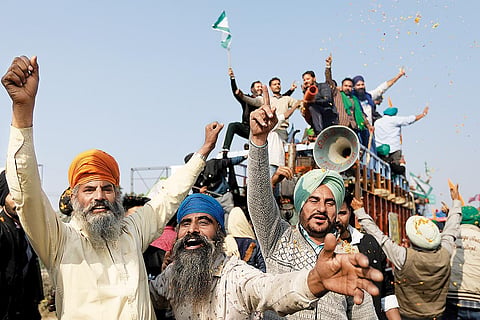 Farmers celebrating at Singhu border after the government rolled back the three farm laws
