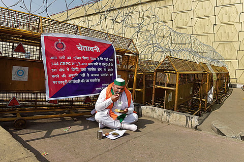 A file photo of Rakesh Tikait at Ghazipur border