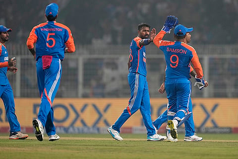 IND vs ENG 1st T20: India's Hardik Pandya celebrates after the dismissal of England's Jacob Bethell 
