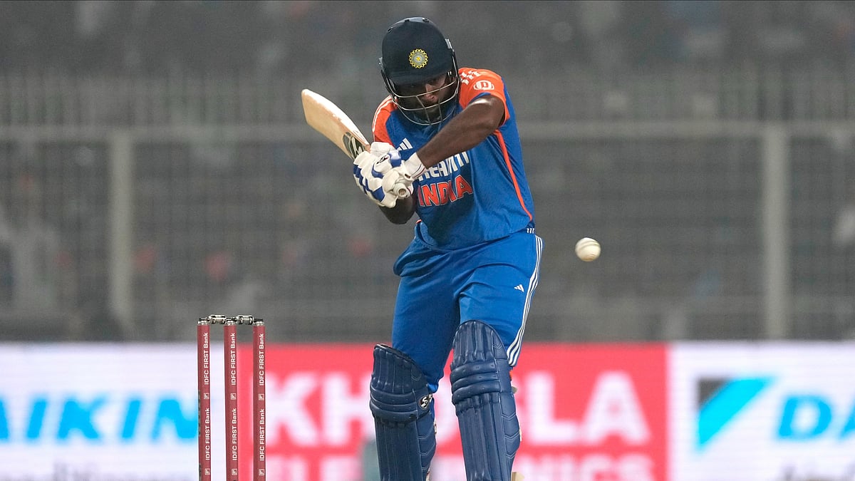 India's Sanju Samson plays a shot during the first T20 cricket match between India and England at Eden Gardens in Kolkata. - AP Photo/Bikas Das
