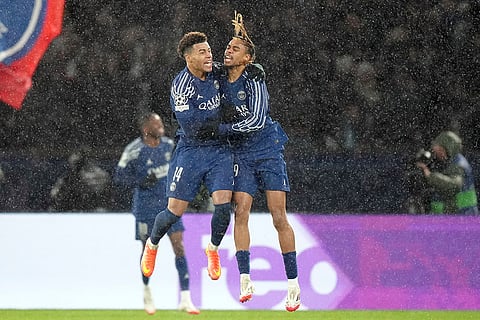 Champions League 2024-25: PSG's Bradley Barcola celebrates with Desire Doue after scoring his side's second goal 