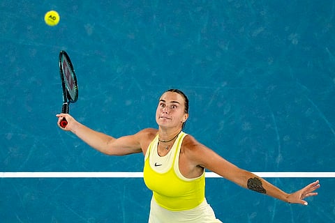 AUS Open 2025 Women's Singles Semi-final: Aryna Sabalenka plays a forehand return to Paula Badosa