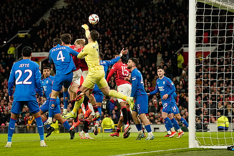 Europa League 2024-25: Rangers' goalkeeper Jack Butland, top, scores an own goal