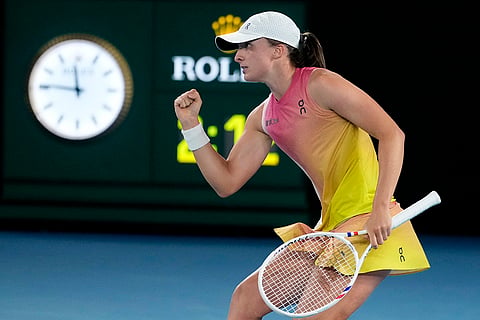 AUS Open 2025 Women's Singles Semi-final: Iga Swiatek reacts during match against Madison Keys