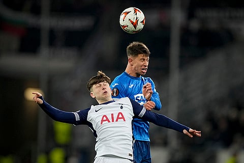 Europa League 2024-25: Mikey Moore jumps for a header with Adam Hlozek 