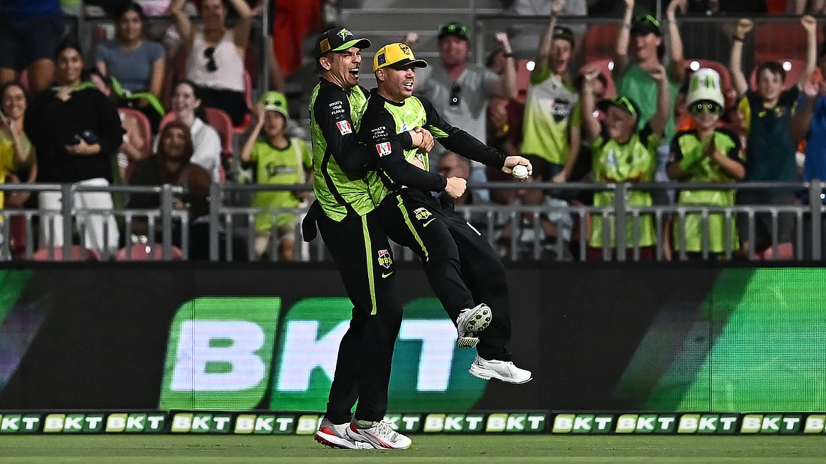 Sydney Thunder captain David Warner celebrates with Chris Green