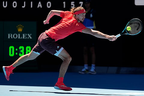 AUS Open 2025 Men's Singles Semi-final: Alexander Zverev plays a backhand return to Novak Djokovic