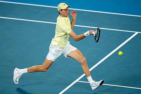 Australian Open 2025 Semi-final: Jannik Sinner plays a forehand return to Ben Shelton 