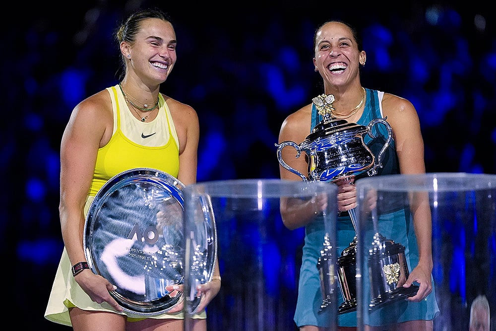 | Photo: AP/Asanka Brendon Ratnayake : AUS Open Women's Singles Final: Madison Keys, right, reacts as she holds the Daphne Akhurst Memorial Cup after defeating Aryna Sabalenka