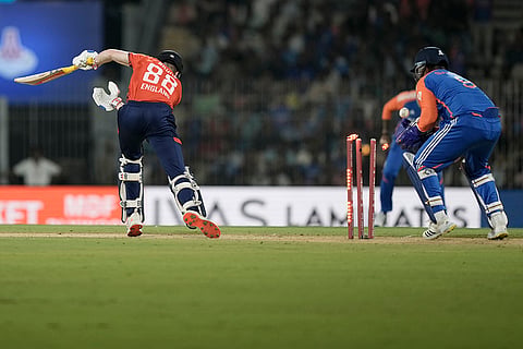 IND vs ENG 2nd T20: England's Harry Brook, left, is bowled out 