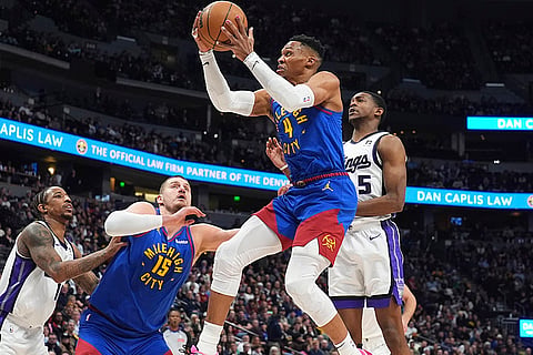 NBA Basketball 2024-25: Nuggets guard Russell Westbrook in action against Kings