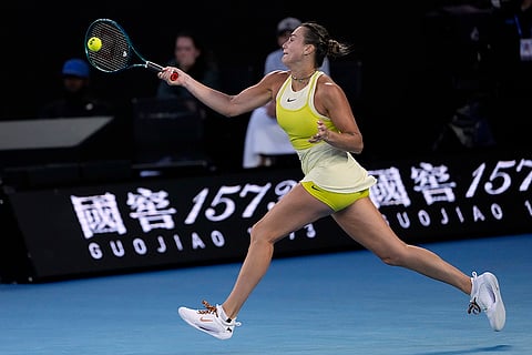 AUS Open Women's Singles Final: Aryna Sabalenka plays a forehand return to Madison Keys