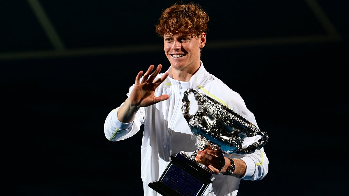 Jannik Sinner celebrates at the Australian Open on Sunday