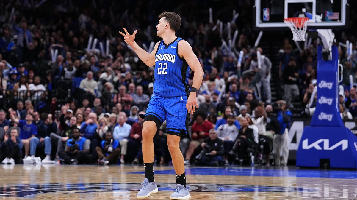 Franz Wagner #22 of the Orlando Magic reacts after scoring a three-pointer against the Detroit Pistons during the fourth quarter at Kia Center on January 25, 2025 in Orlando, Florida. - null