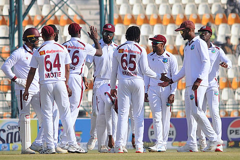 PAK vs WI 2nd Test: West Indies Jomel Warrican and teammates celebrate after the dismissal of Pakistan's Sajid Khan 