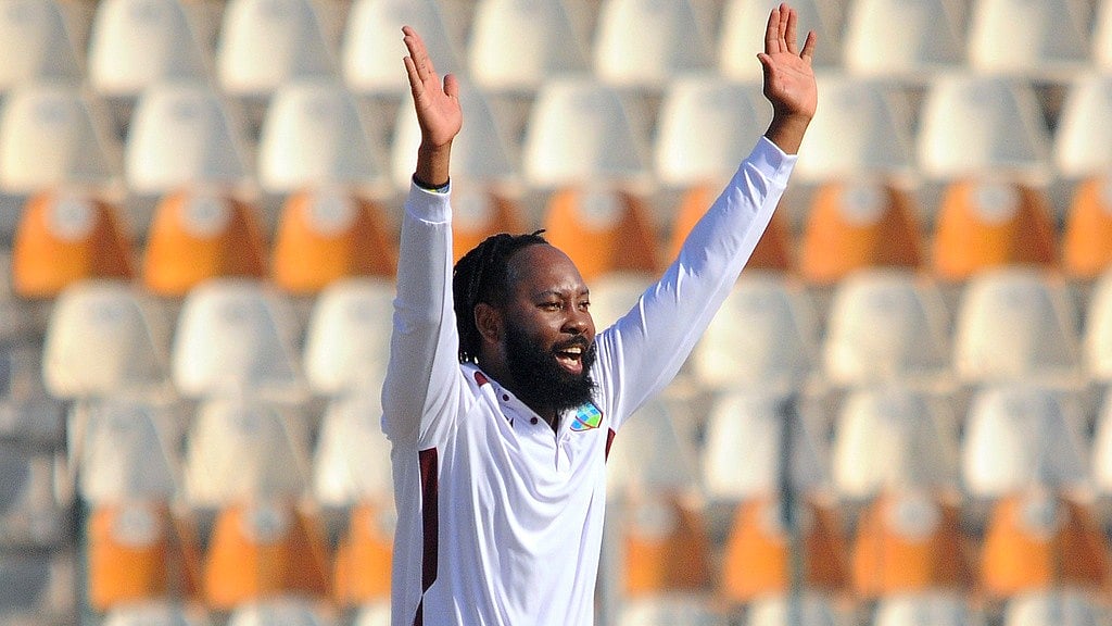 AP                                     : Jomel Warrican appeals successful LBW dismissal of Pakistan's Salman Ali Agha during the day-three of the second cricket Test match.