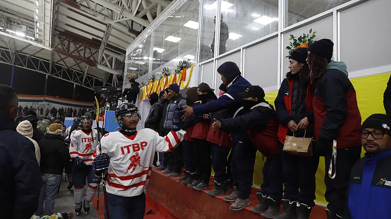 ITBP ice hockey players meet spectators in Leh. - | Photo courtesy: SAI Media