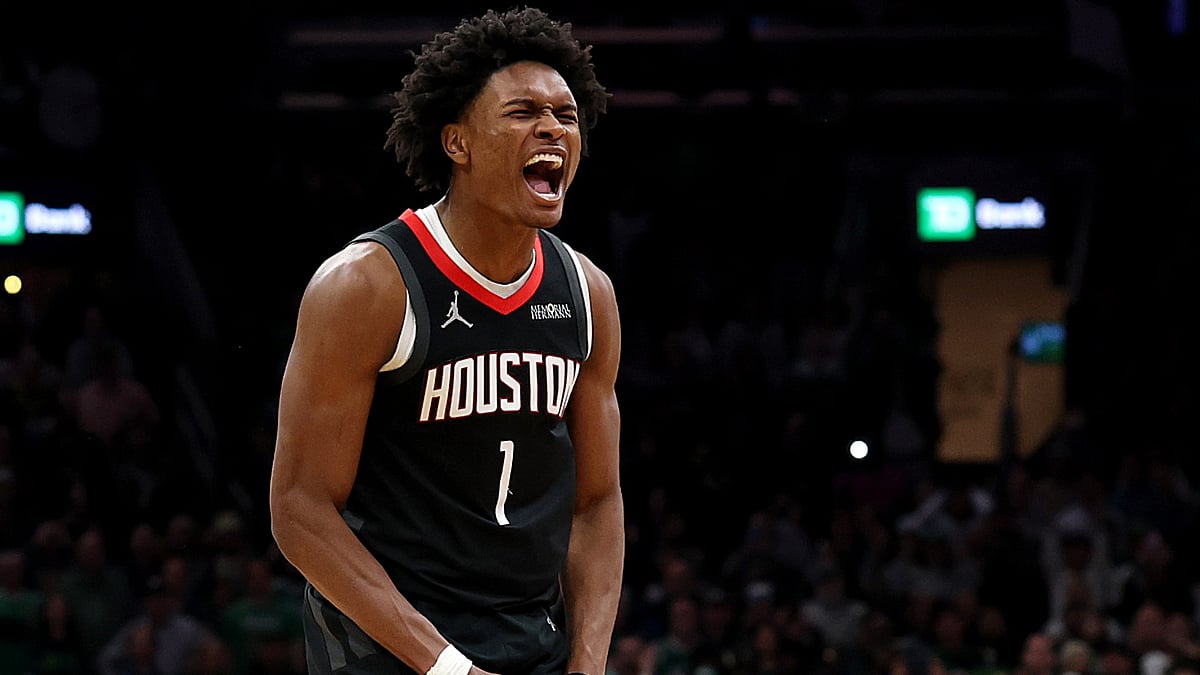 Houston Rockets forward Amen Thompson celebrates a basket vs. the Boston Celtics on Jan. 27, 2025. - null