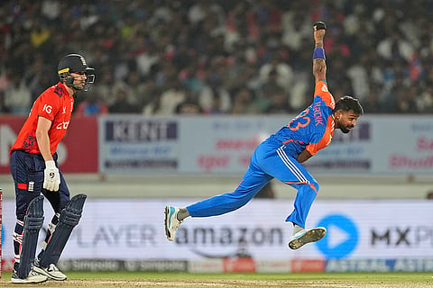 IND vs ENG 3rd T20: India's Hardik Pandya bowls a delivery 
