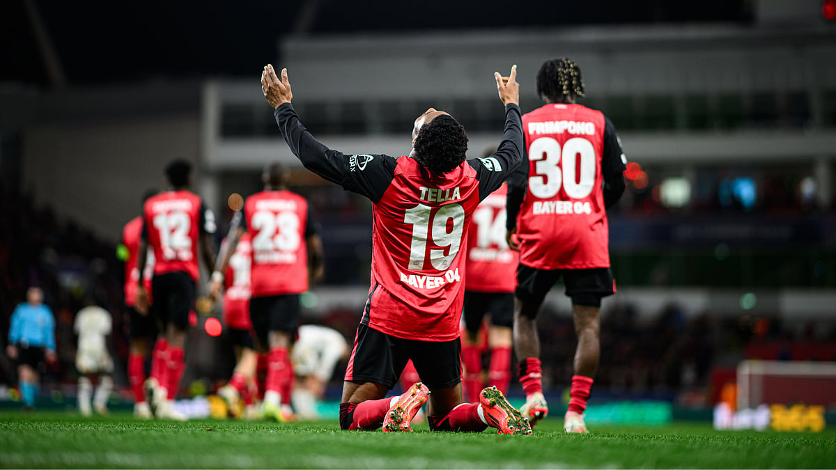 Nathan Tella celebrates his goal against Sparta Prague.