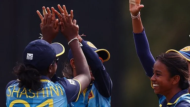 Sri Lanka women under-19 players celebrating a wicket. - Photo: X | T20 World Cup