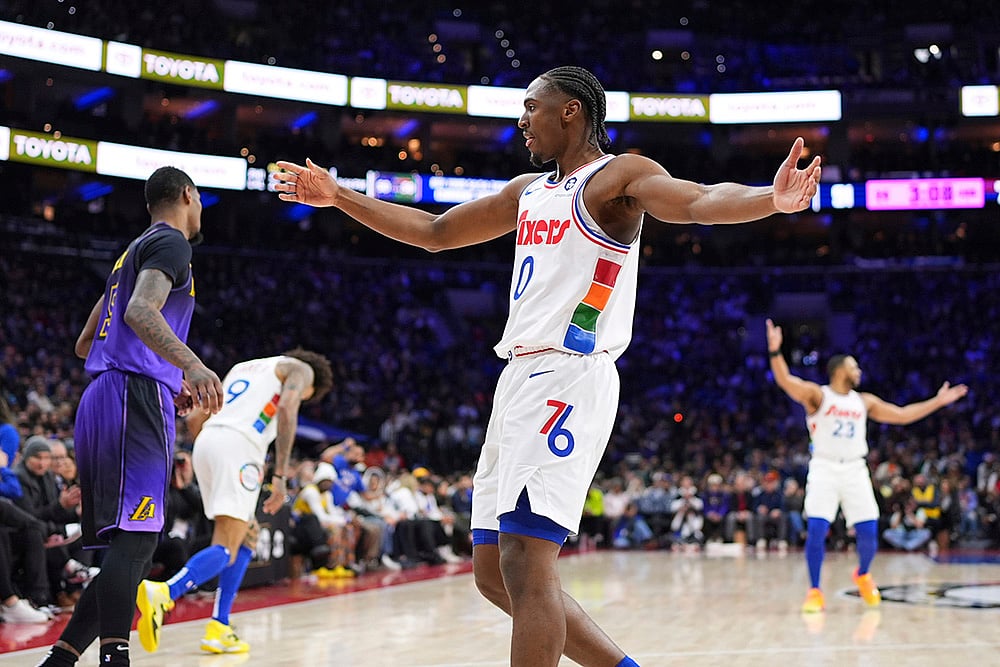 | Photo: AP/Matt Slocum : NBA 2024-25: 76ers' Tyrese Maxey reacts after scoring 