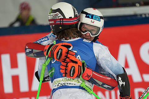 FIS WC 2025: Alexander Steen Olsen is hugged by second placed Henrik Kristoffersen