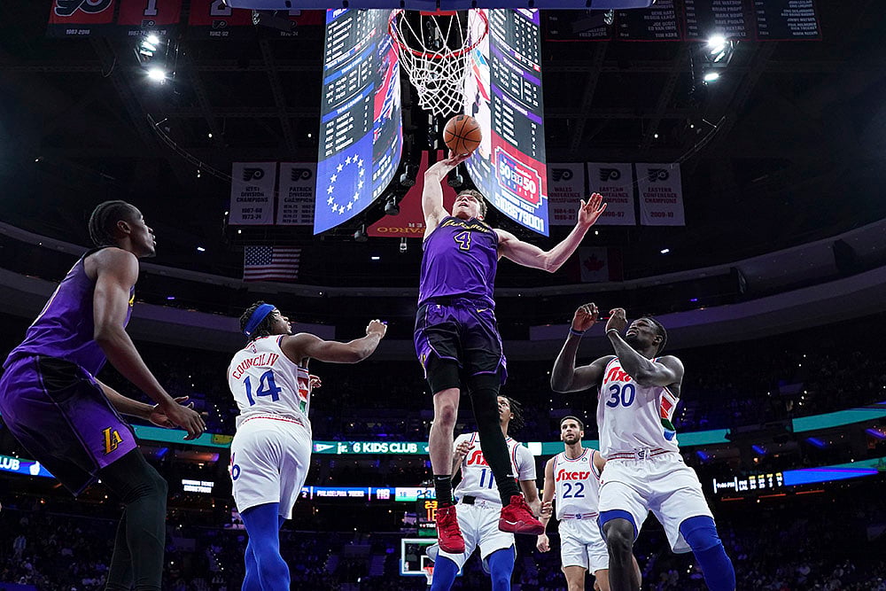 NBA basketball Philadelphia 76ers vs LA Lakers game pics: Dalton Knecht 