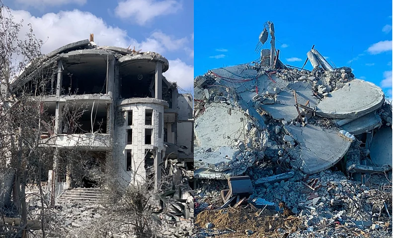 (L-R) Sanads home after the first airstrike vs after the second airstrike