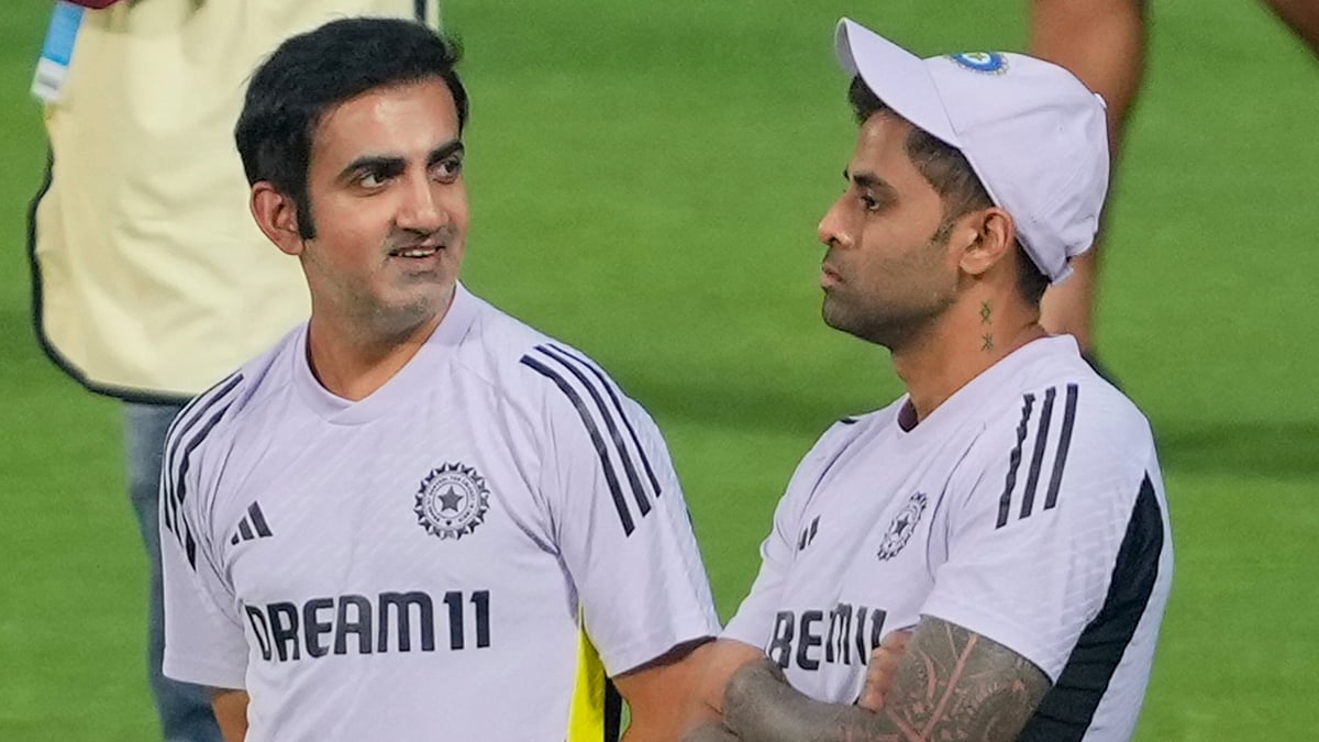 PTI/Shashank Parade : Captain Suryakumar Yadav (right) with coach Gautam Gambhir at a training session ahead of the fourth India vs England T20I in Pune.