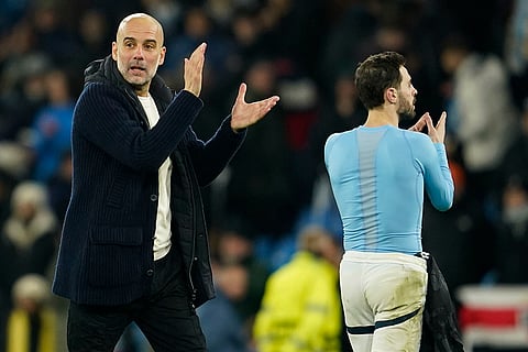 Champions League 2024-25: Pep Guardiola celebrates with Bernardo Silva 