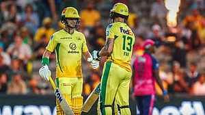 Photo: X/Joburg Super Kings : Joburg Super Kings skipper Faf du Plessis (right) bats during the SA20 game against Paarl Royals.